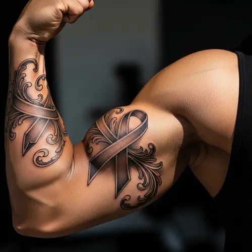 Hispanic Man Forearm Tattoo with Intricate Black Ribbon Design