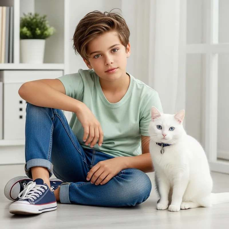 Aesthetic Caucasian Boy with White Cat Aesthetic Caucasian Boy with White Cat