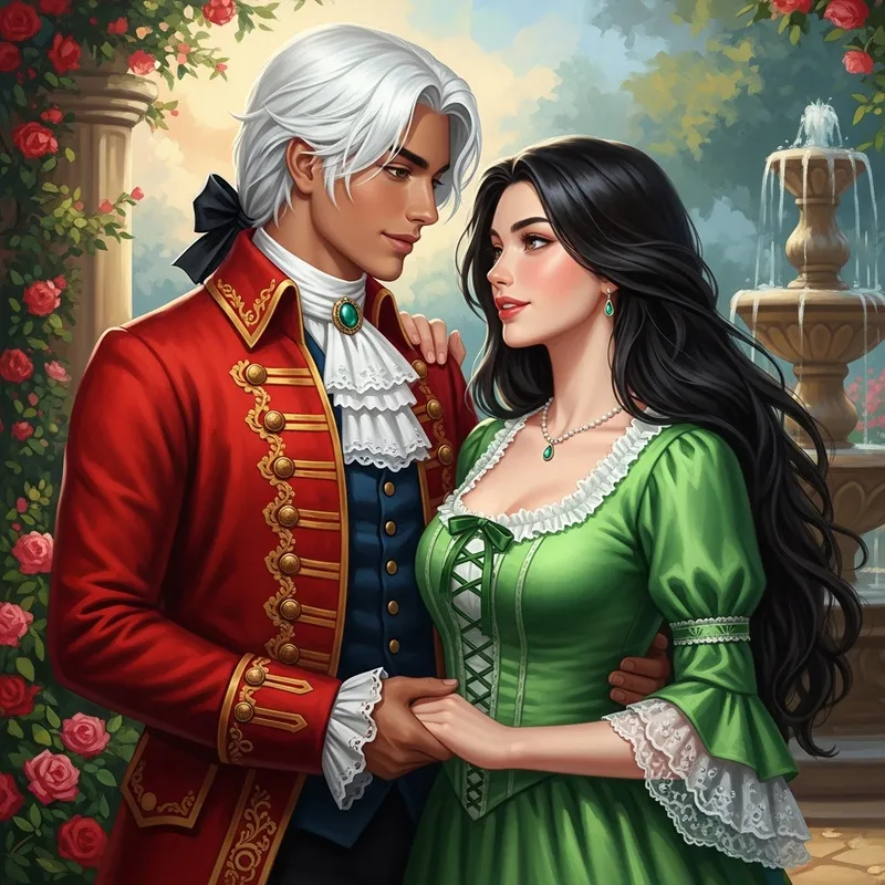 Handsome Young Man in Red Coat and Girl in Green Dress Oil Painting