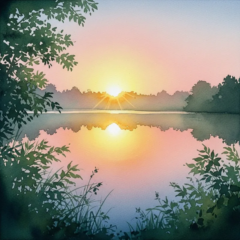 Tranquil Lake Sunrise Watercolor Art