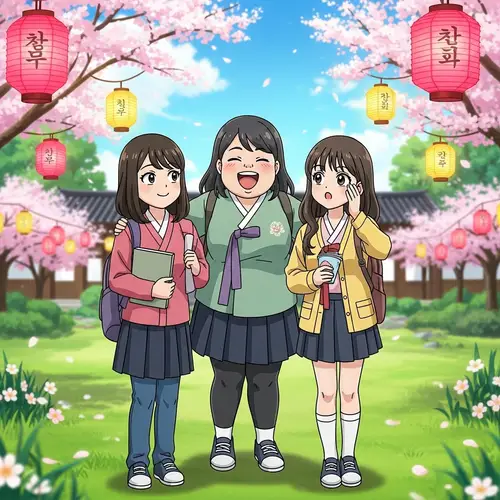 Korean Friends Enjoying a Day Out in Lush Park