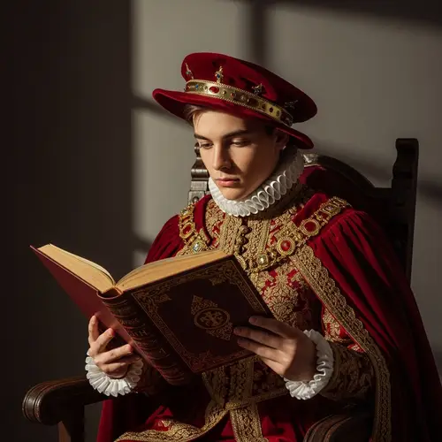 Young Prince in Luxurious Renaissance Attire Reading Book
