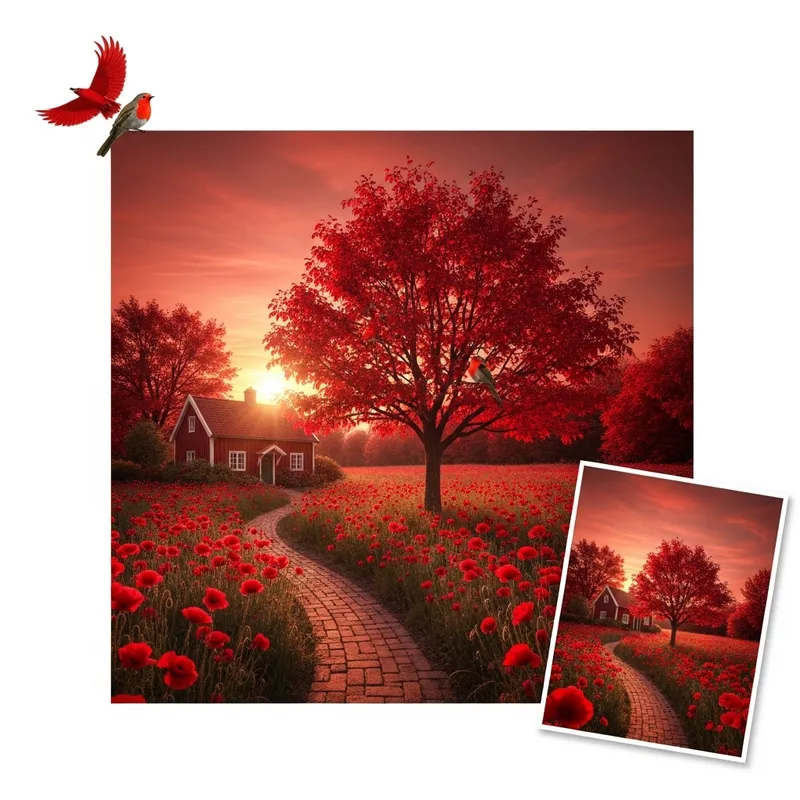 Tranquil Red of Nature: Poppies, Robin & Red Setting Tranquil Red of Nature: Poppies, Robin & Red Setting