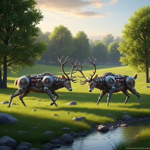 Realistic Semi-Mechanical Deer Battle in Natural Landscape