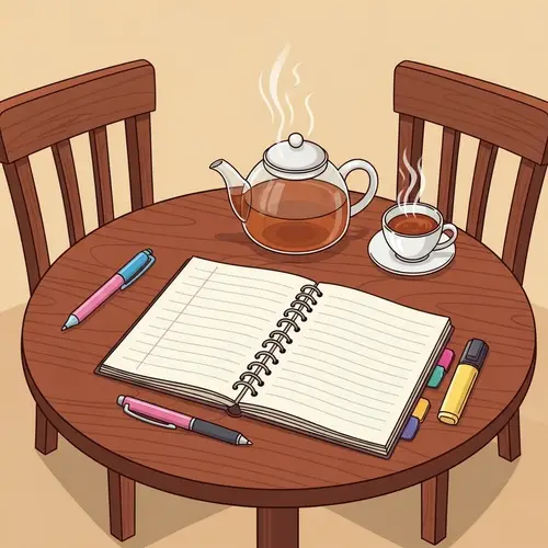 Cozy Writing Scene: Journal, Pens, Tea on Cherry Table