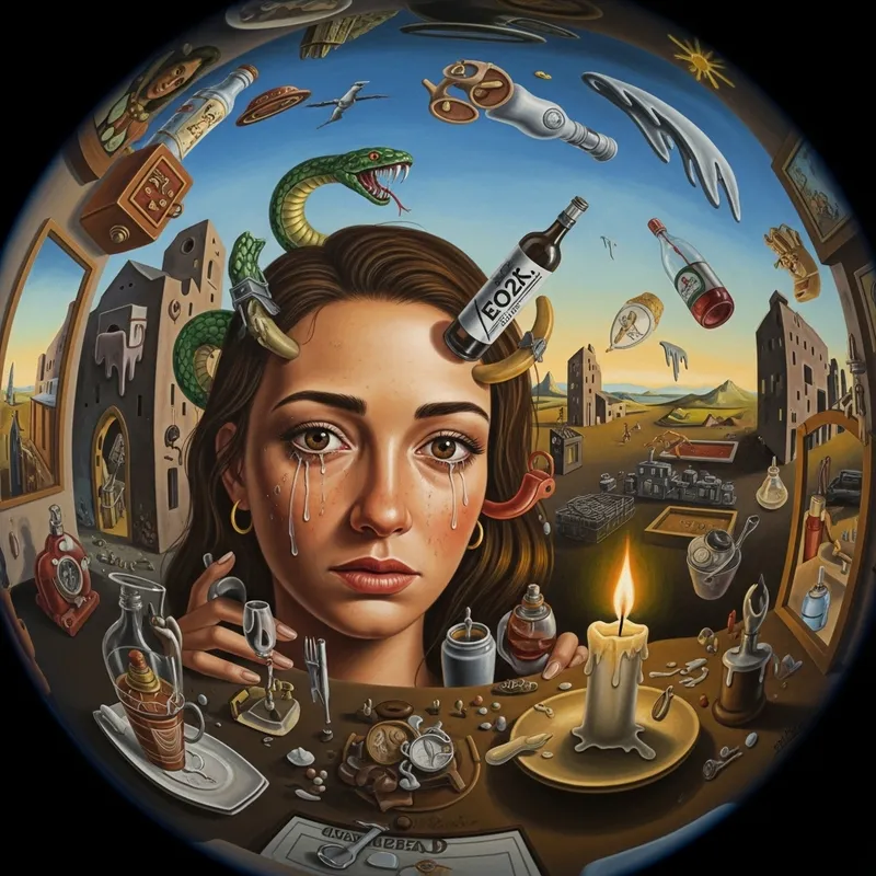 Surrealist Depiction of Woman's Descent into Drug Use Inspired by Salvador Dali