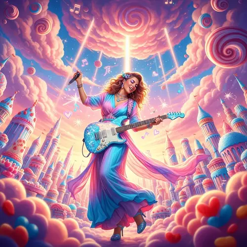 Dreamy Album: Pop Singer with Golden Hair Dancing in Cotton Candy Clouds
