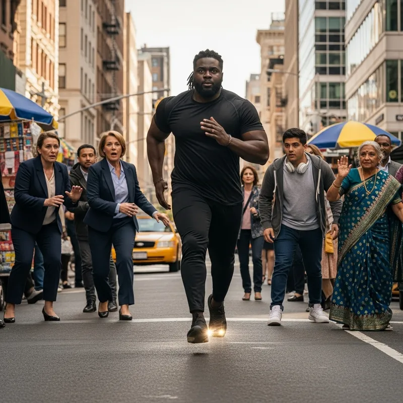 Black Man Gliding Through Crowd in Urban Setting