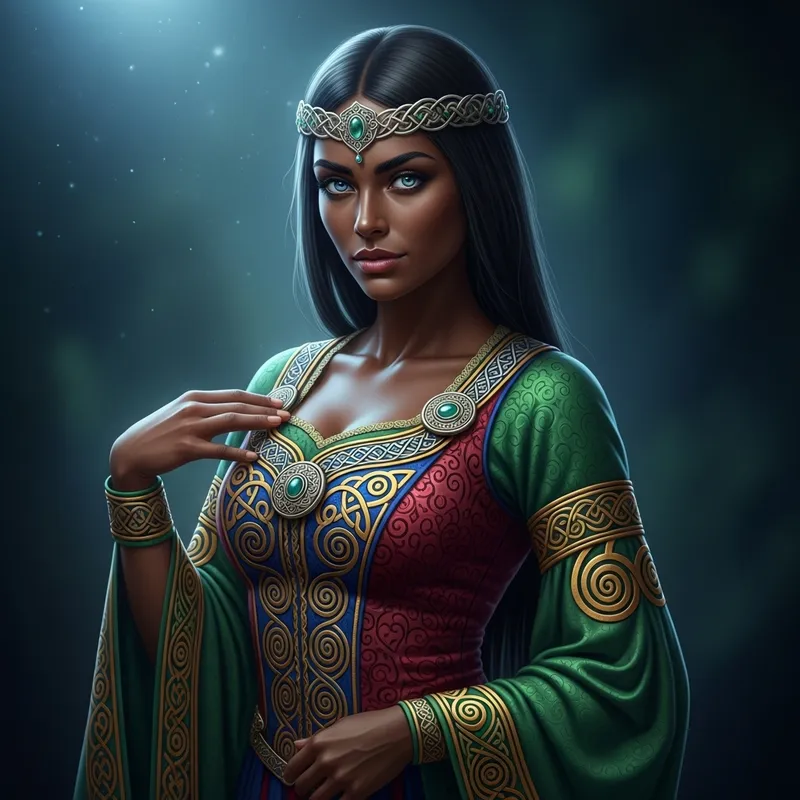 Captivating Dark-Skinned Irish Woman in Traditional Celtic Attire