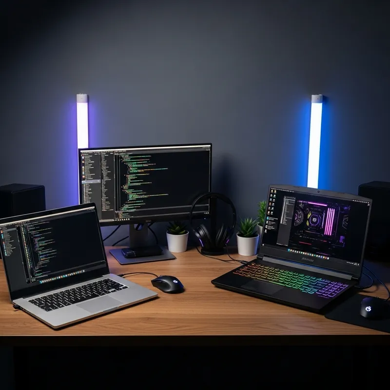 Modern Tech Setup with Dual Laptops, Gaming Keyboard, and LED Lights
