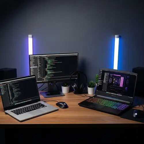 Modern Tech Setup with Dual Laptops and Gaming Keyboard