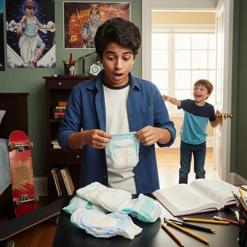 Surprised 13-Year-Old Hispanic Boy Caught with Diapers by Younger Brother