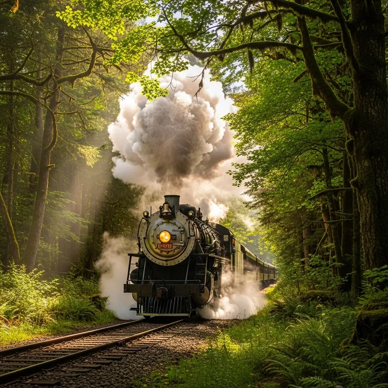 Old Steam Train Billowing Smoke Through Forest