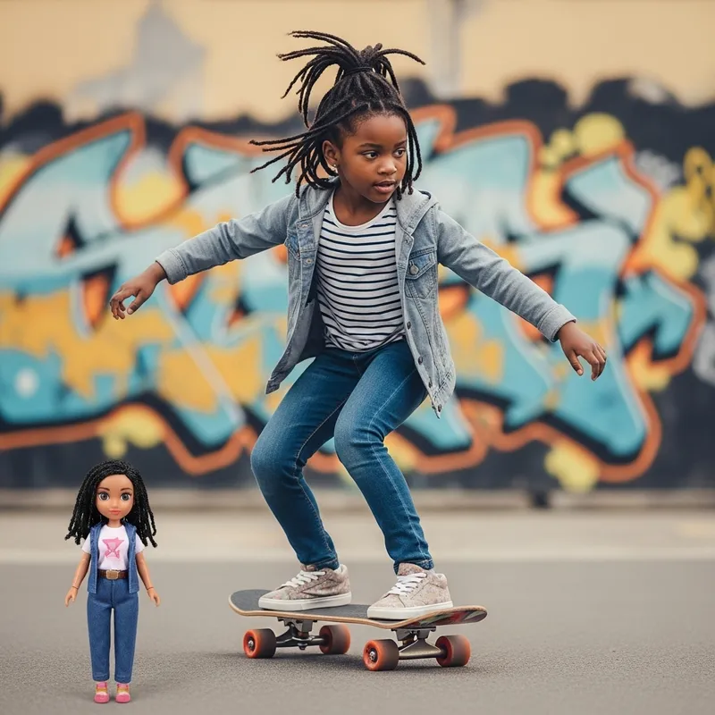 Doll Print Black Girl on a Skateboard with Dreadlocks