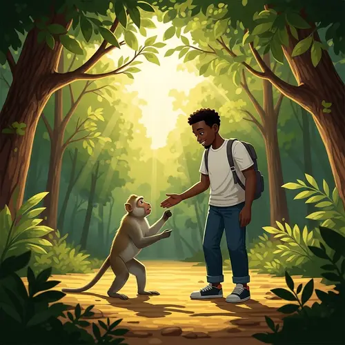 Playful Monkey and Black Man in Lush Forest