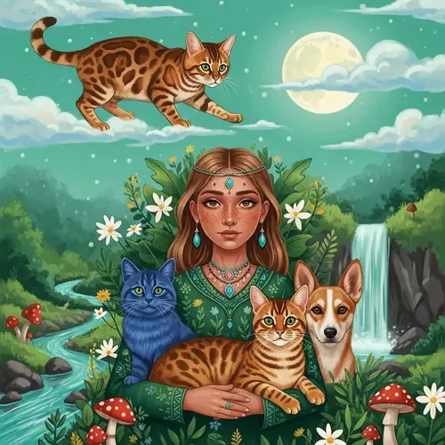 Enchanting Scene with Bengal and Russian Cats, Shamanic Woman, and Creole Dog