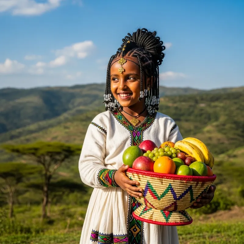 Butyl Ethiopian Girl with Fruits Outdoors Butyl Ethiopian Girl with Fruits Outdoors