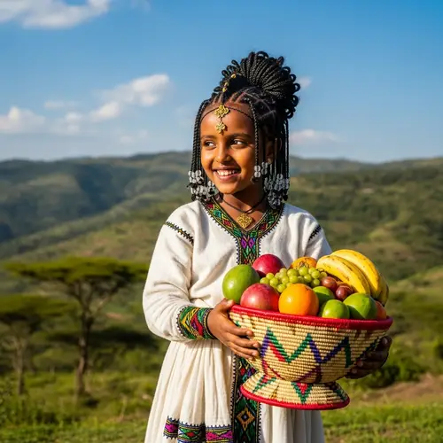Ethiopian Girl with Fruits | Highland Scenery Outdoors