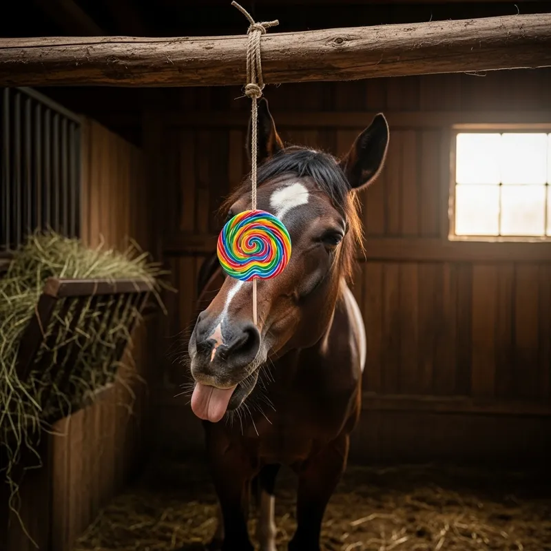 Horse Licking Sweet Candy in Stable
