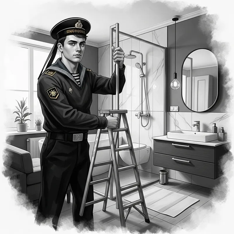 Vintage Russian Sailor Installing Modern Freestanding Bathroom