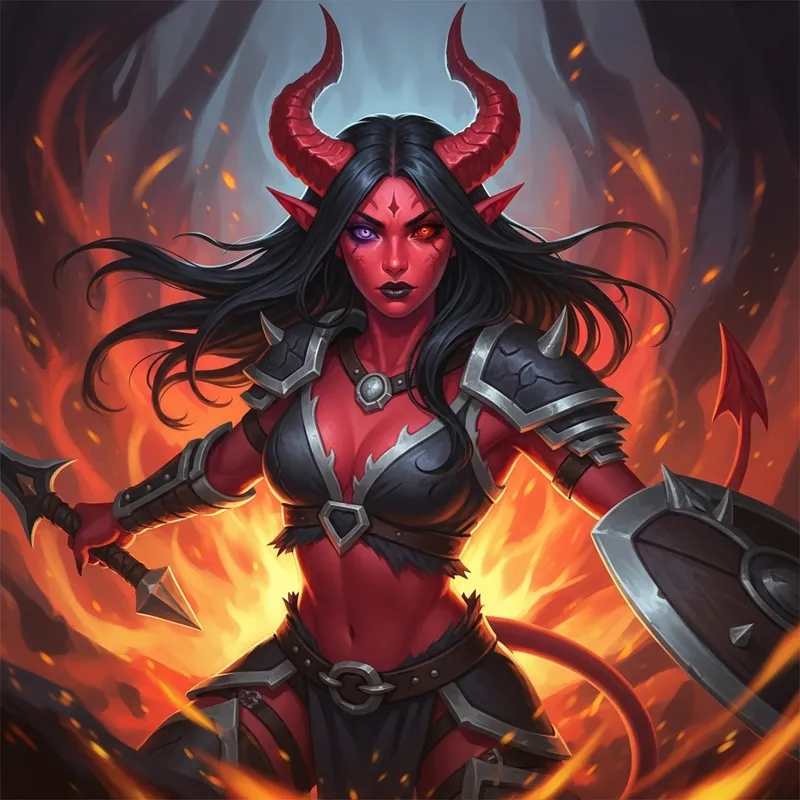 Hispanic Female Tiefling Barbarian: Vibrant Fiery Battle Art