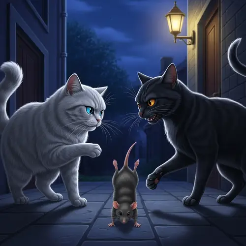 Feline Rivalry: Nighttime Showdown Between Grey British Shorthair and Black Bombay Cats