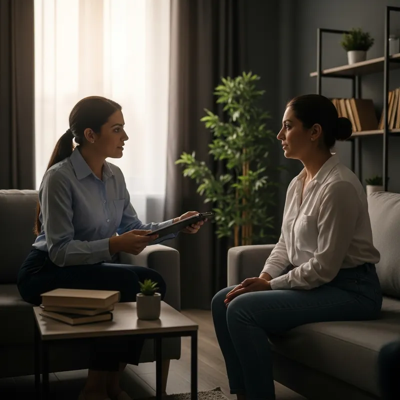 Empathetic Psychological Support for Kurdish Woman in Calming Room Setting