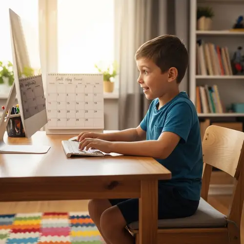 Young Boy Using Modern Desktop Computer at Wooden Desk