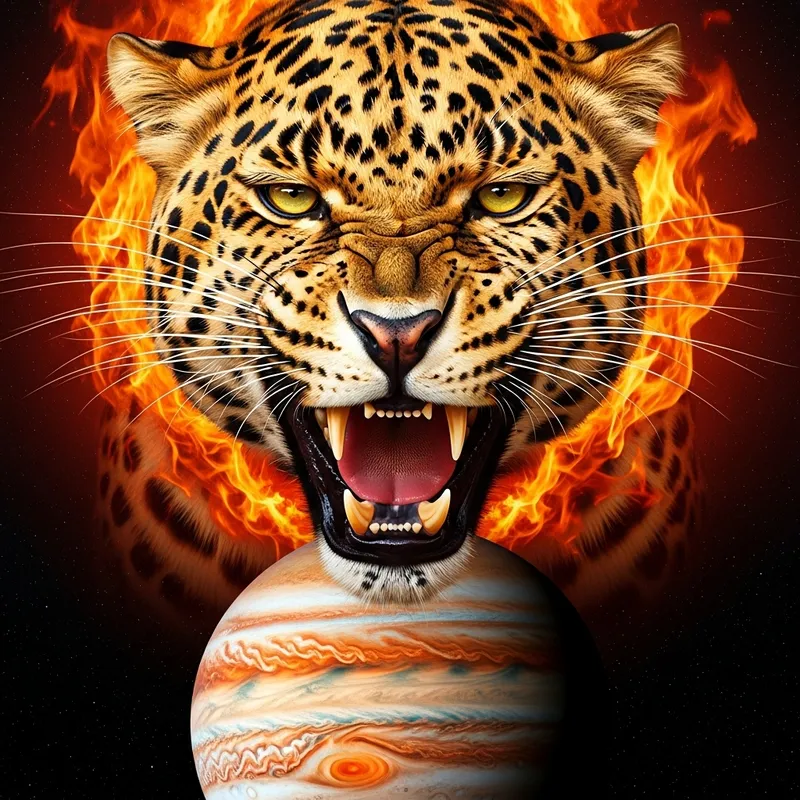 Menacing Leopard Close-Up: Flames & Jupiter Background