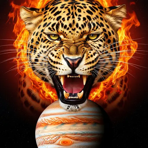 Menacing Leopard in Flames: Jupiter Cosmic Background
