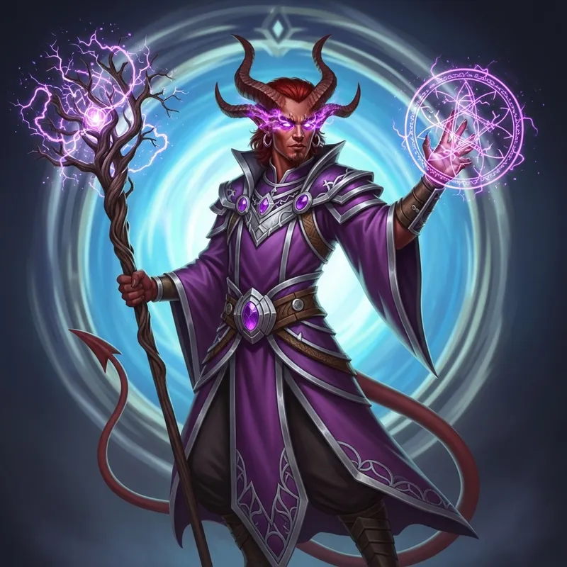 Tiefling Sorcerer with Elderwood Staff and Amethyst Robes