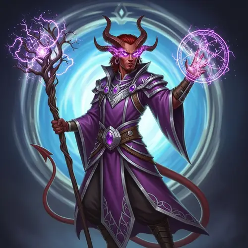 Hispanic Tiefling Sorcerer wielding elderwood staff in vibrant amethyst robes