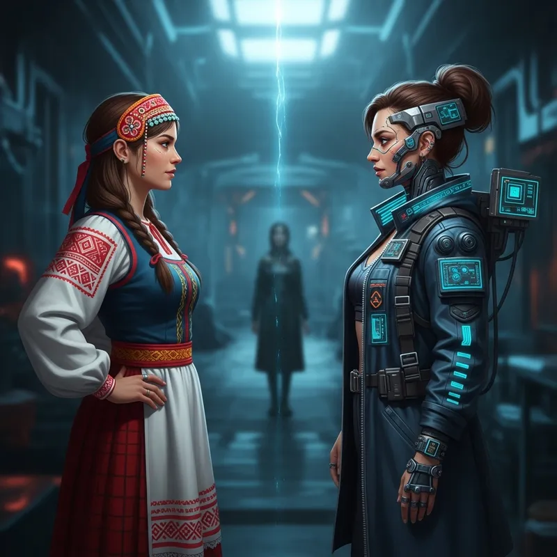 Cyberpunk Encounter: Tradition Meets Future in a Stylish Fusion Cyberpunk Encounter: Tradition Meets Future in a Stylish Fusion
