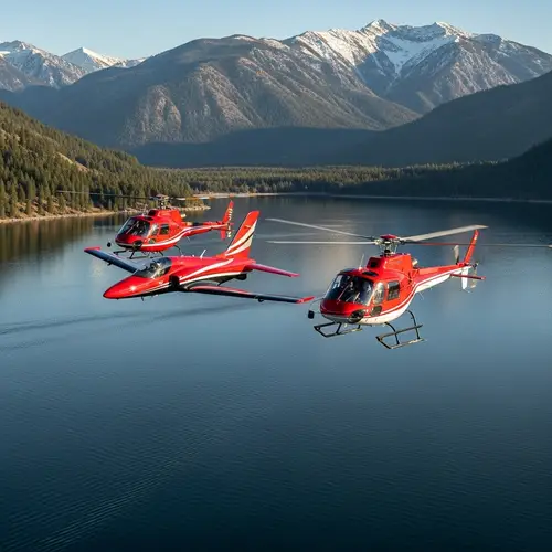 Red, White & Black Plane and Helicopter Flying Over Mountain-Lake View