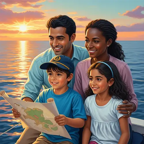 Multicultural Family Boat Scene Painting - Warm and Adventurous Imagery