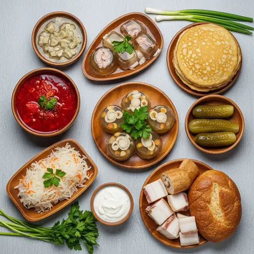 Delicious Ukrainian Cuisine on Light-Grey Table