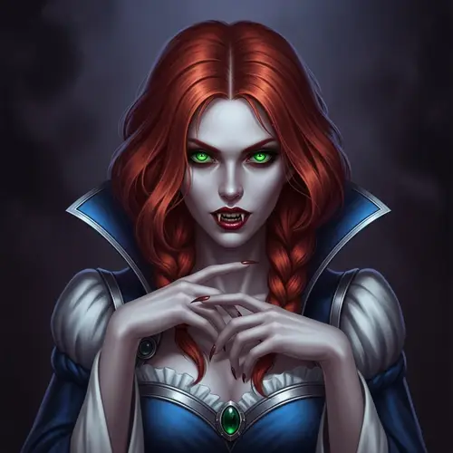 Female Vampire Sorceress with Fiery Red Hair in Blue Dress
