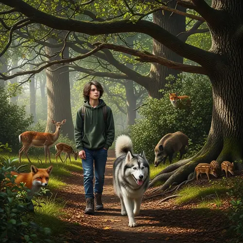 Serene Forest Life: Teenager and Husky Dog in Enchanted Woodland