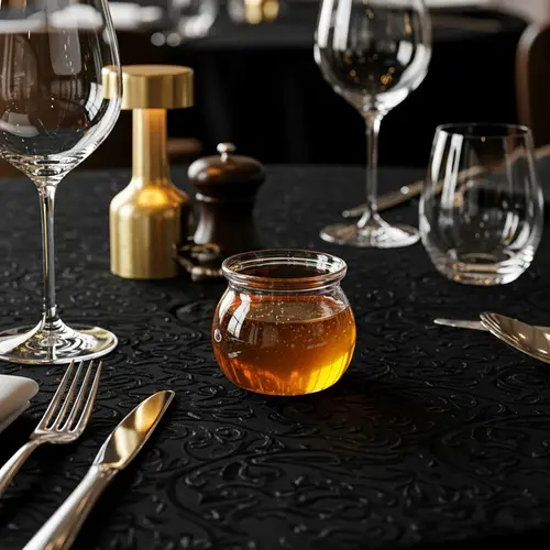 Elegant Honey Pot on Black Tablecloth - Fine Dining Setting
