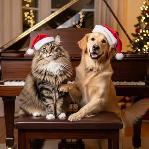 Jovial Norwegian Cat and Golden Retriever Playing Christmas Piano