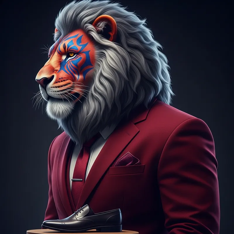 Futuristic Lion Warrior Chief in Red Velvet Suit Futuristic Lion Warrior Chief in Red Velvet Suit