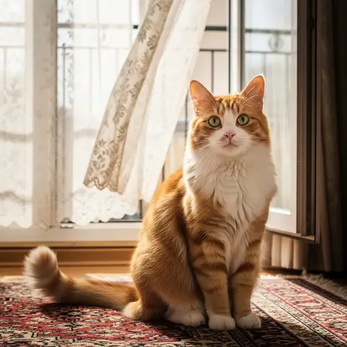 Vibrant Orange and White Fluffy Cat on Oriental Rug