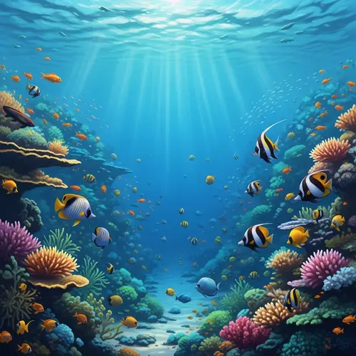 Whimsical Underwater Scene with Colorful Fish and Coral Reefs
