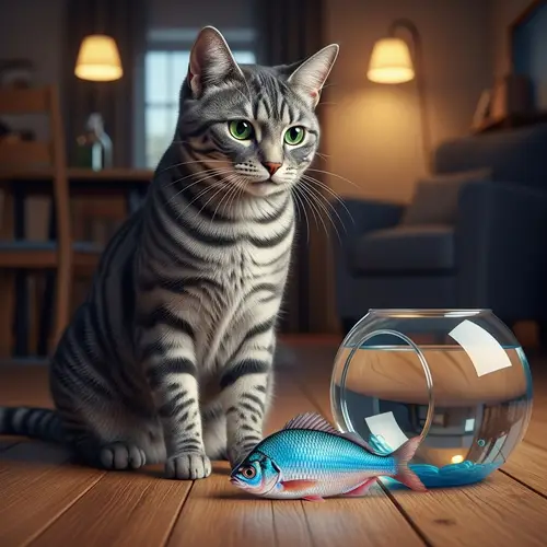 Captivating Feline and Vibrant Fish on Wooden Floor