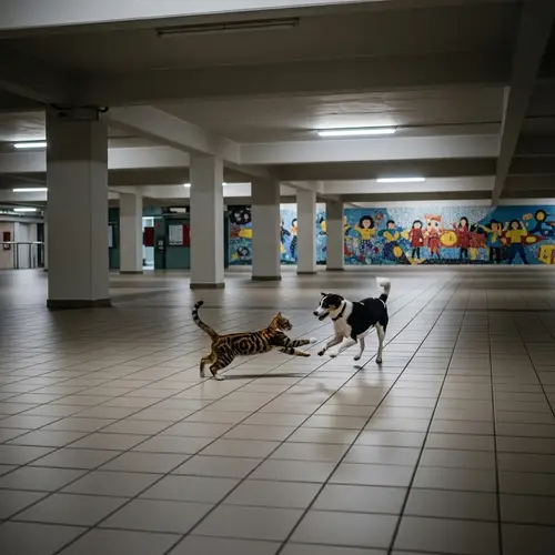 Cat Chasing Dog at HDB Void Deck - A Playful Scene