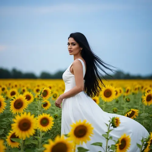 South Asian Woman in White Dress Among Sunflowers