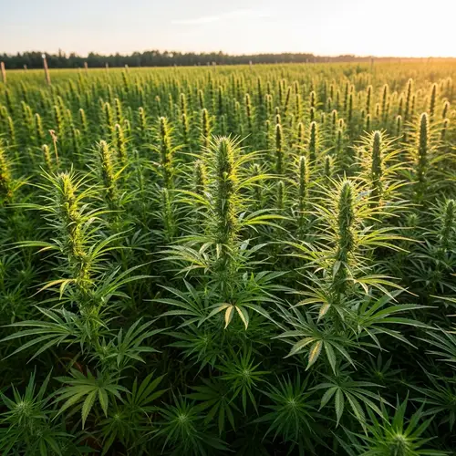 Tranquil Hemp Field at Sunset: Towering Green Plants