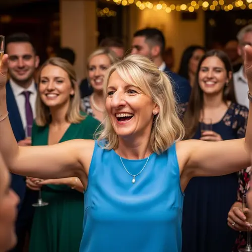 Blond Caucasian Woman Celebrating with Guests in Background