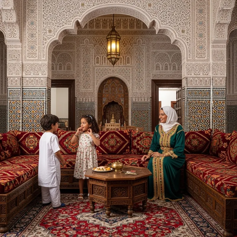 Joyful Mother with Kids in Moroccan Home