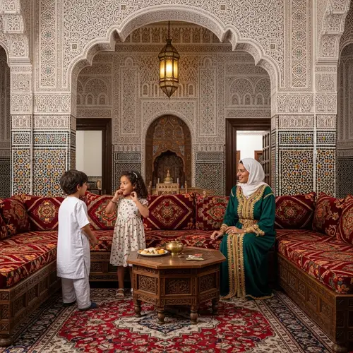 Joyful Mother with Kids in Moroccan Home